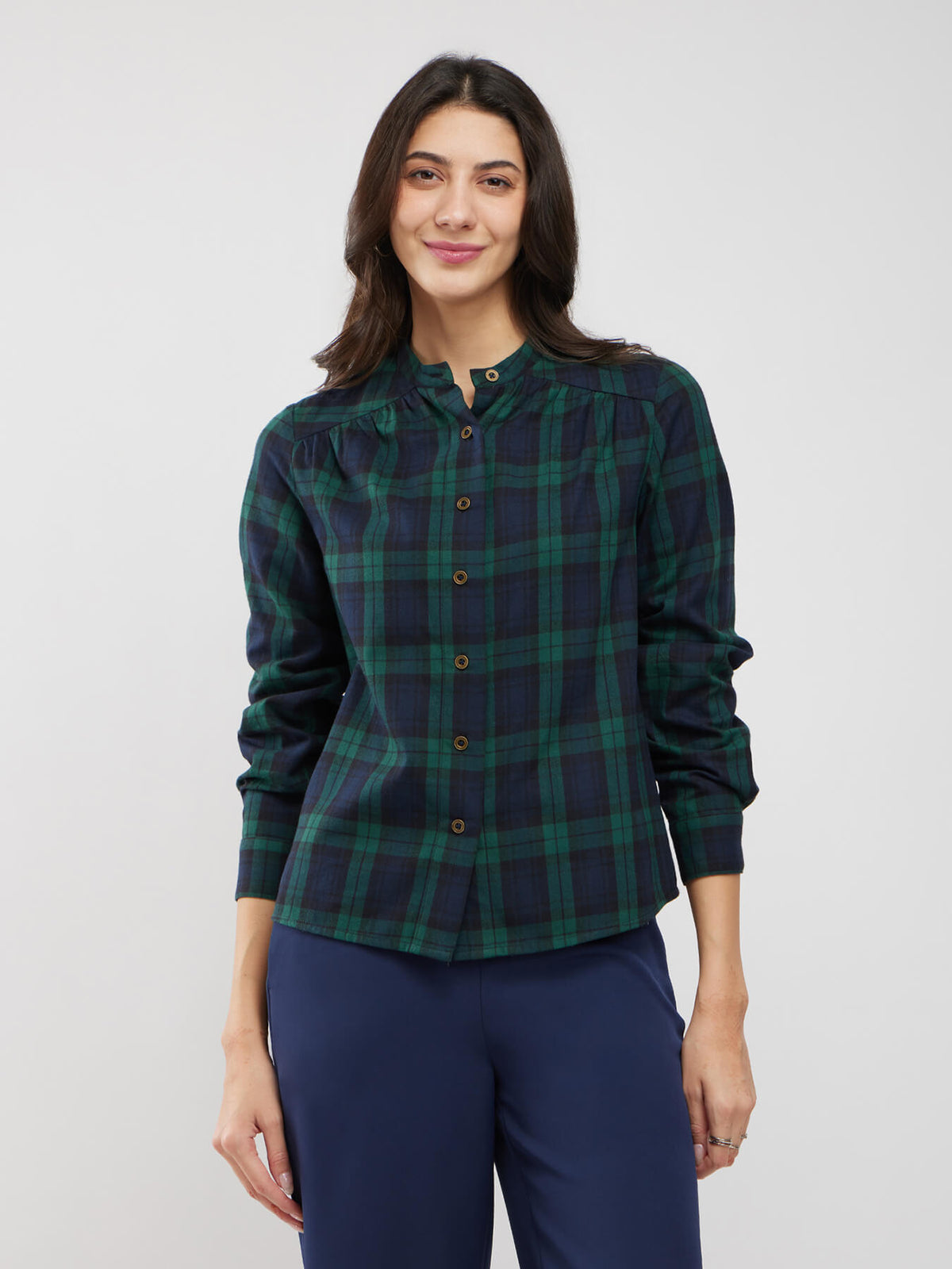 Cotton Checkered Gathered Yoke Shirt - Green And Black