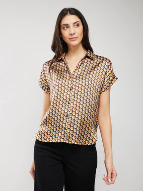 Satin Geometric Print Shirt - Beige