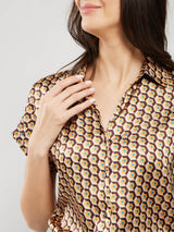 Satin Geometric Print Shirt - Beige