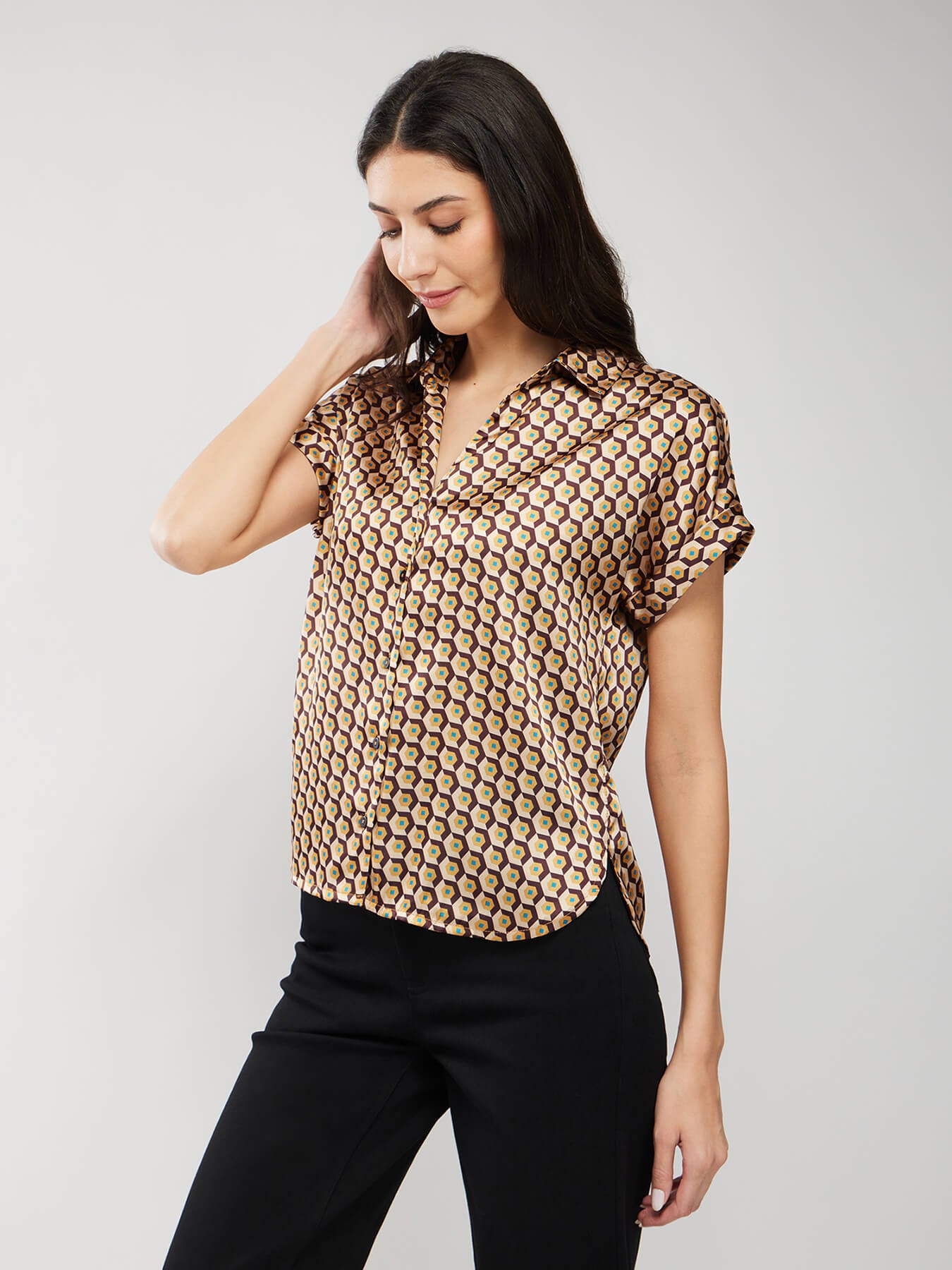 Satin Geometric Print Shirt - Beige