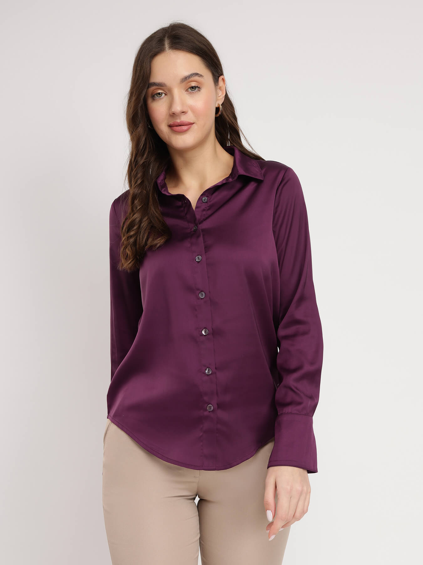 Satin Bell Cuff Shirt - Burgundy