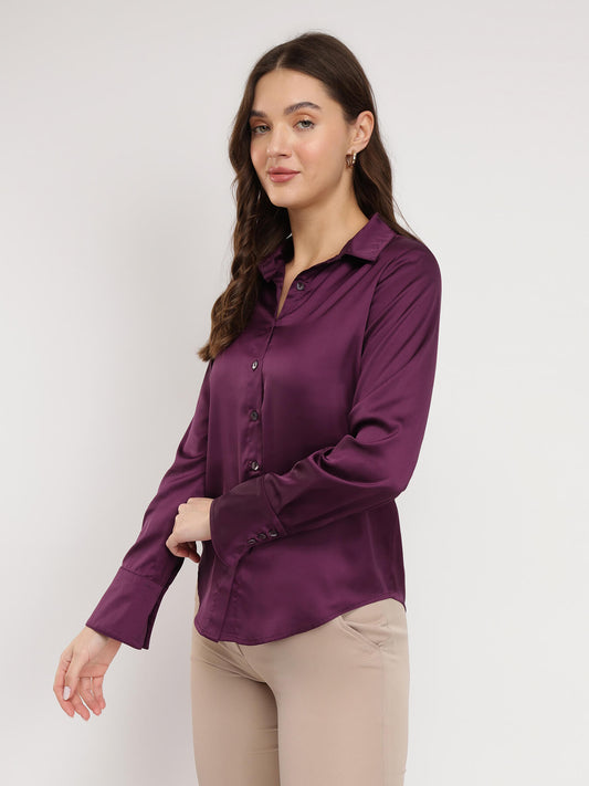 Satin Bell Cuff Shirt - Burgundy