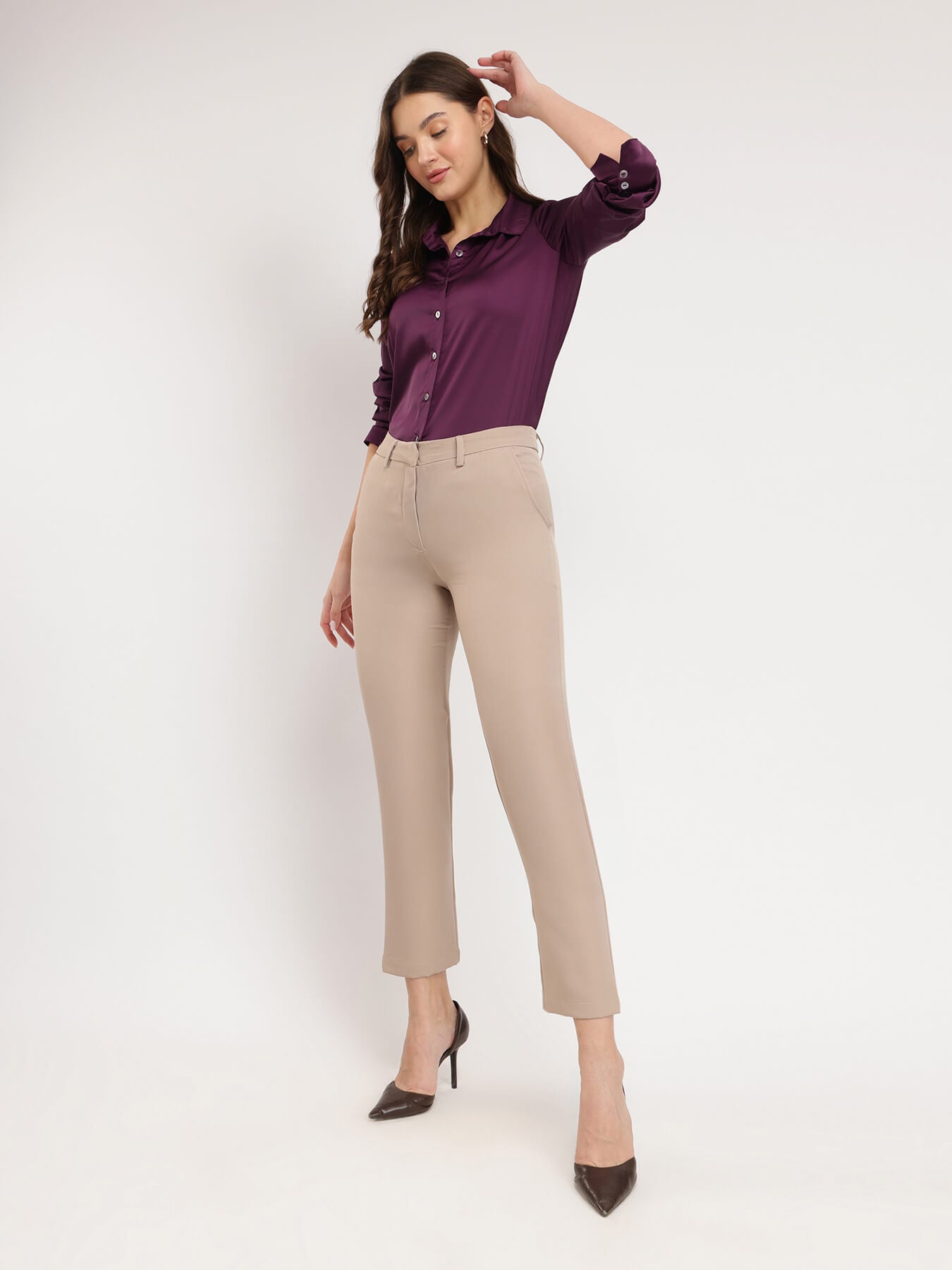 Satin Bell Cuff Shirt - Burgundy