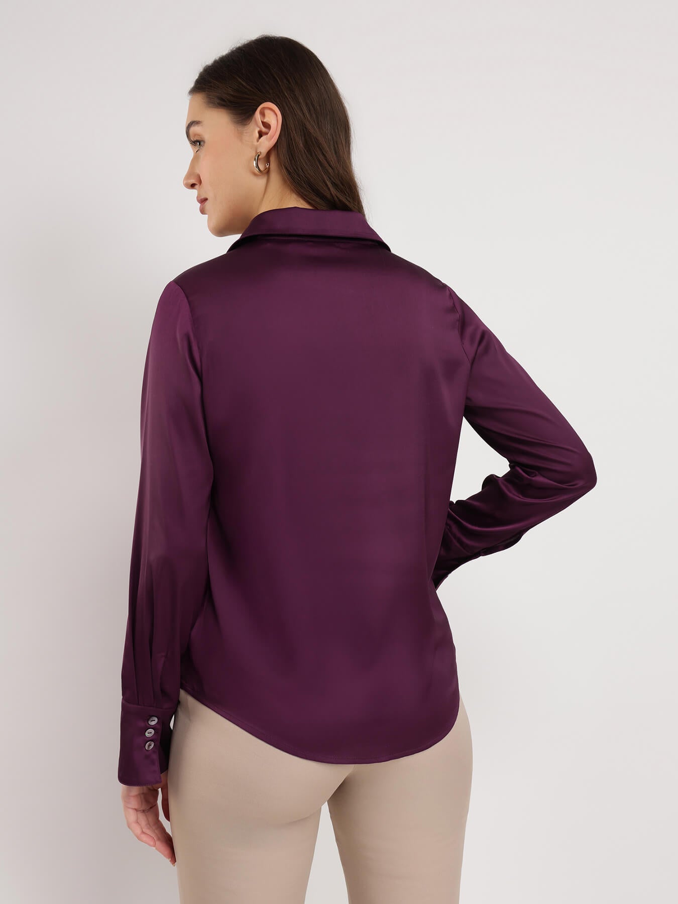 Satin Bell Cuff Shirt - Burgundy