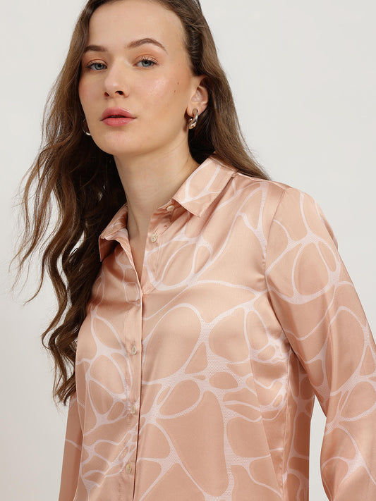 Satin Abstract Print Shirt - Peach