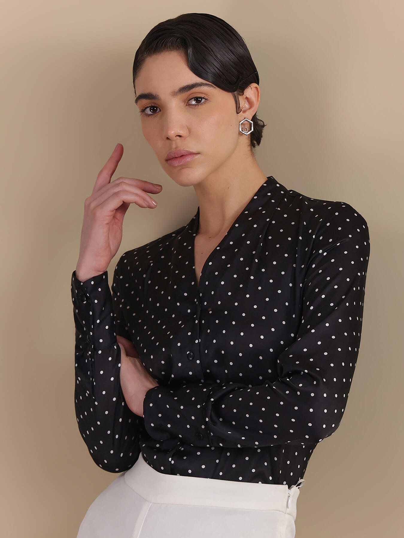 Satin Polka Print Pleated Shirt - Black
