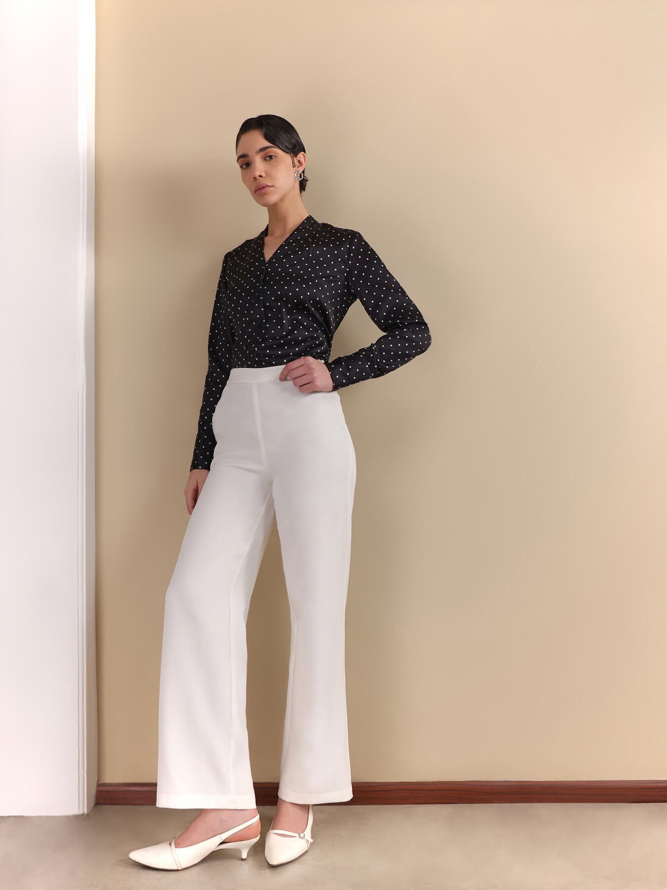 Satin Polka Print Pleated Shirt - Black