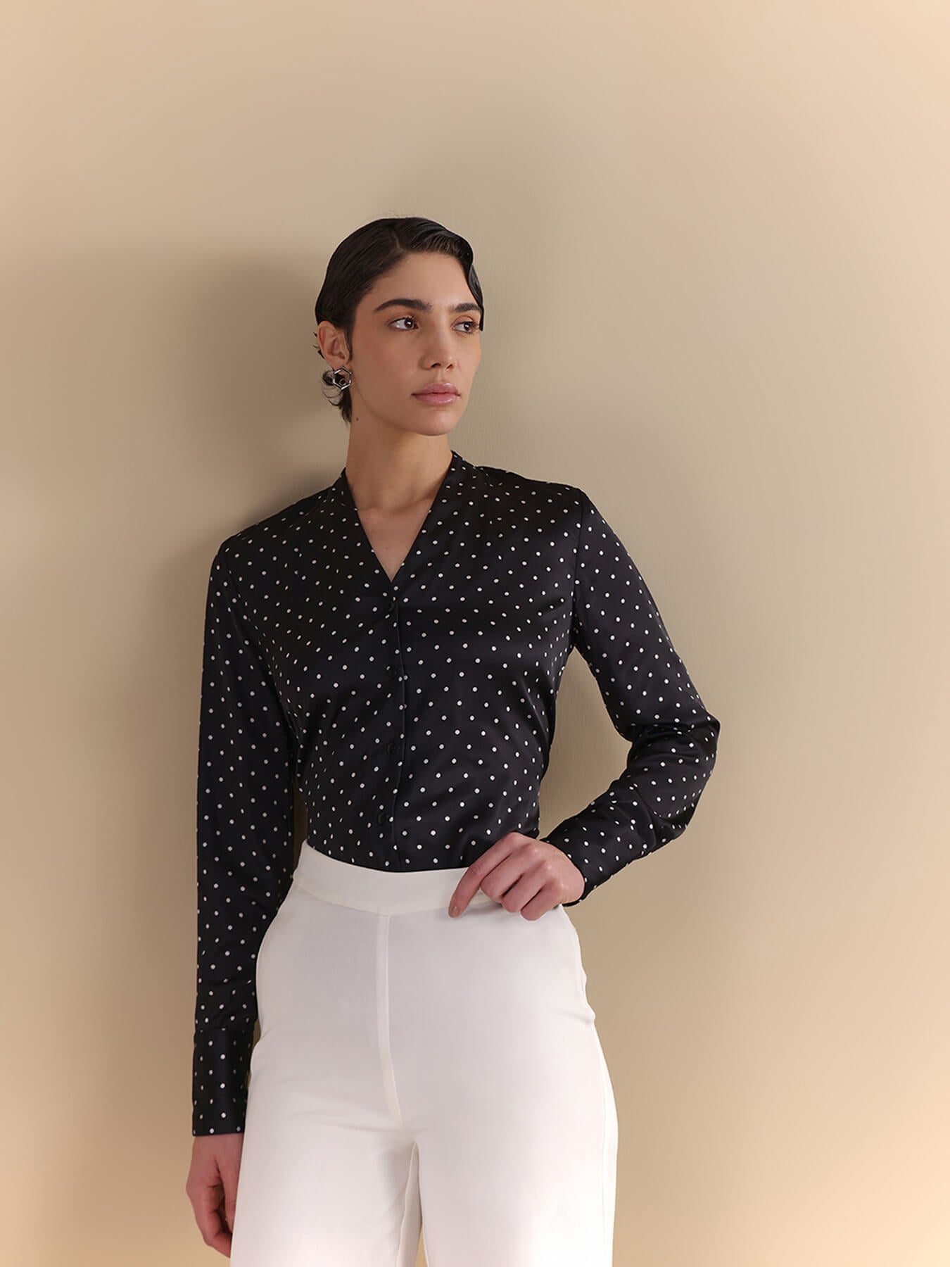 Satin Polka Print Pleated Shirt - Black