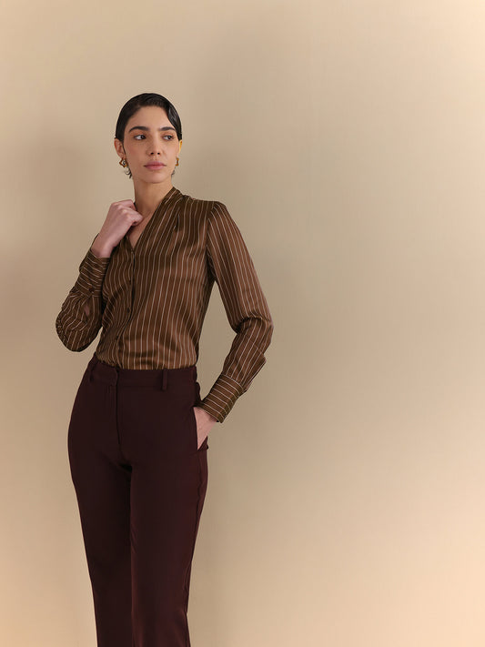 Satin Striped Pleated Shirt - Brown