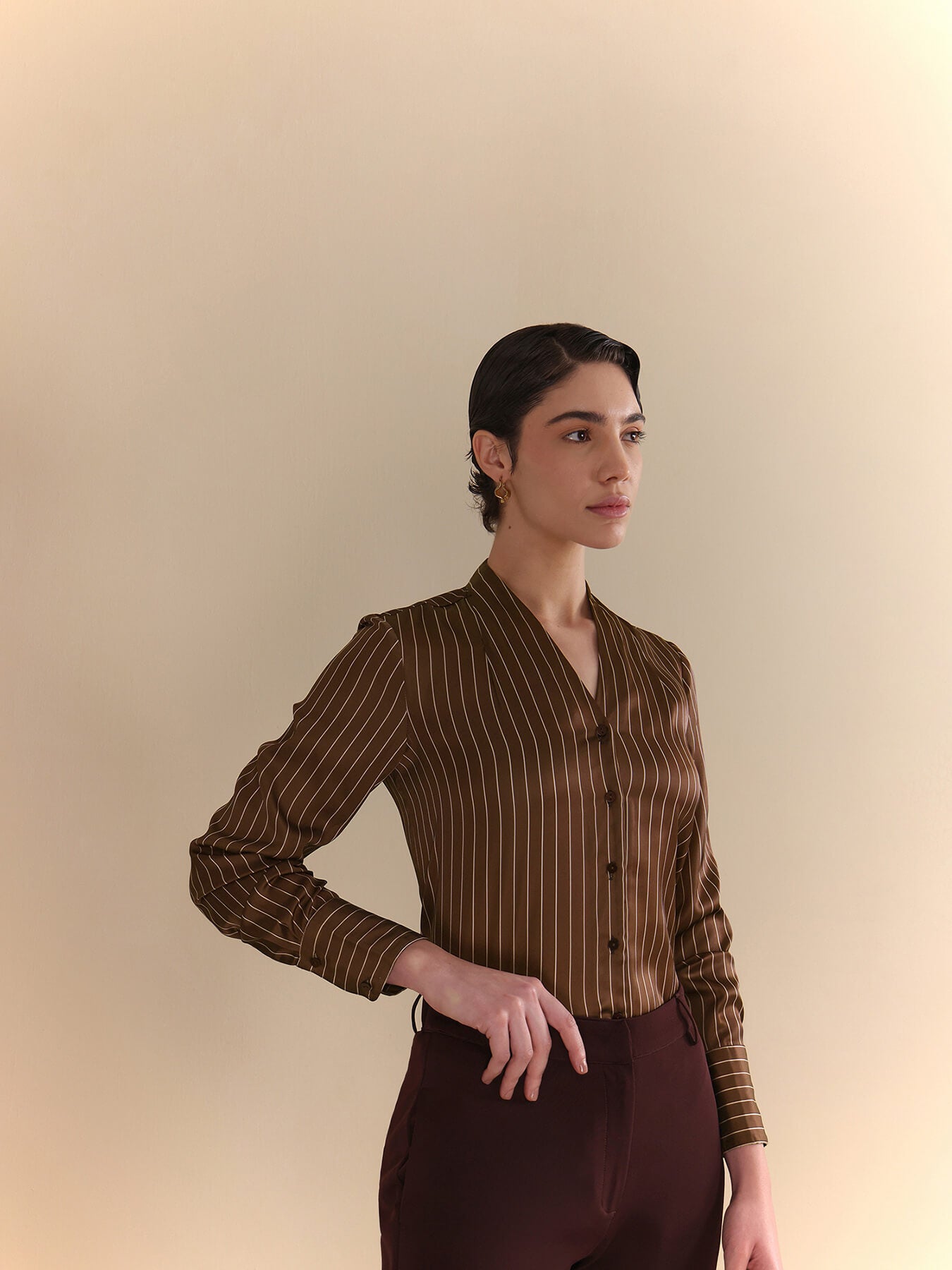 Satin Striped Pleated Shirt - Brown