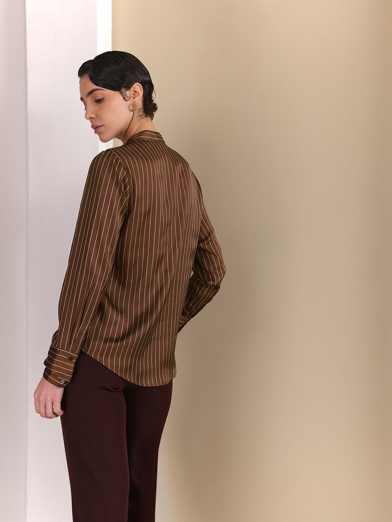 Satin Striped Pleated Shirt - Brown