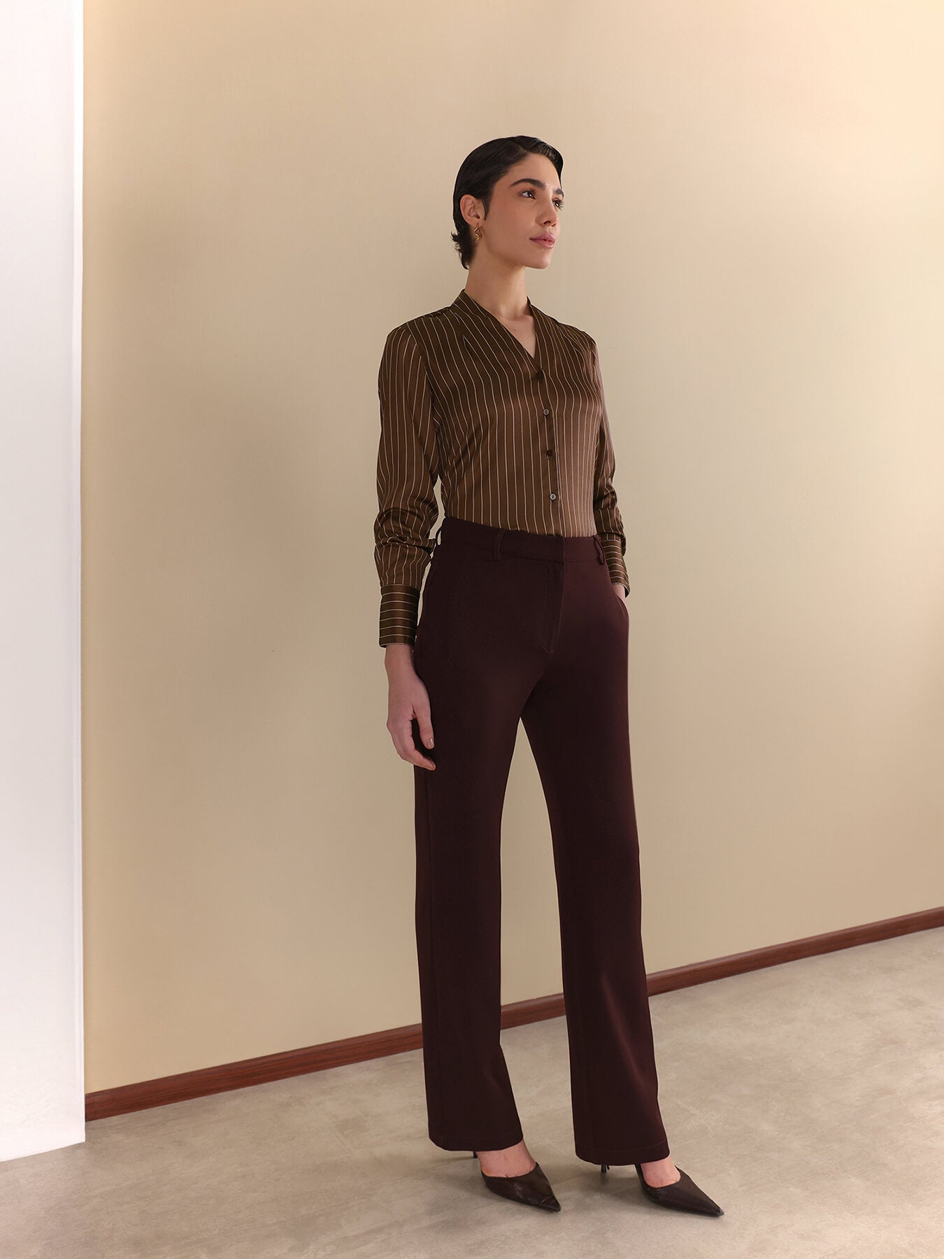 Satin Striped Pleated Shirt - Brown