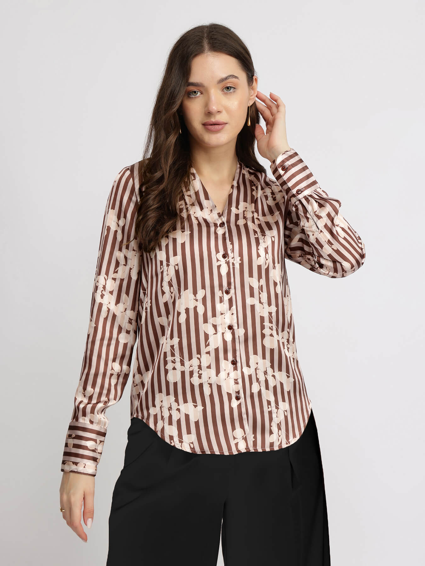 Satin Striped Floral Shirt - Brown