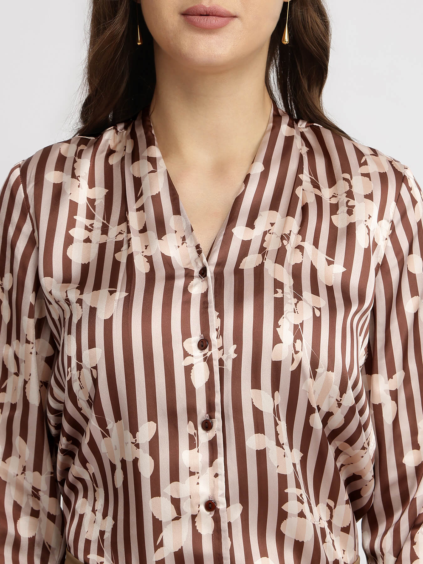Satin Striped Floral Shirt - Brown
