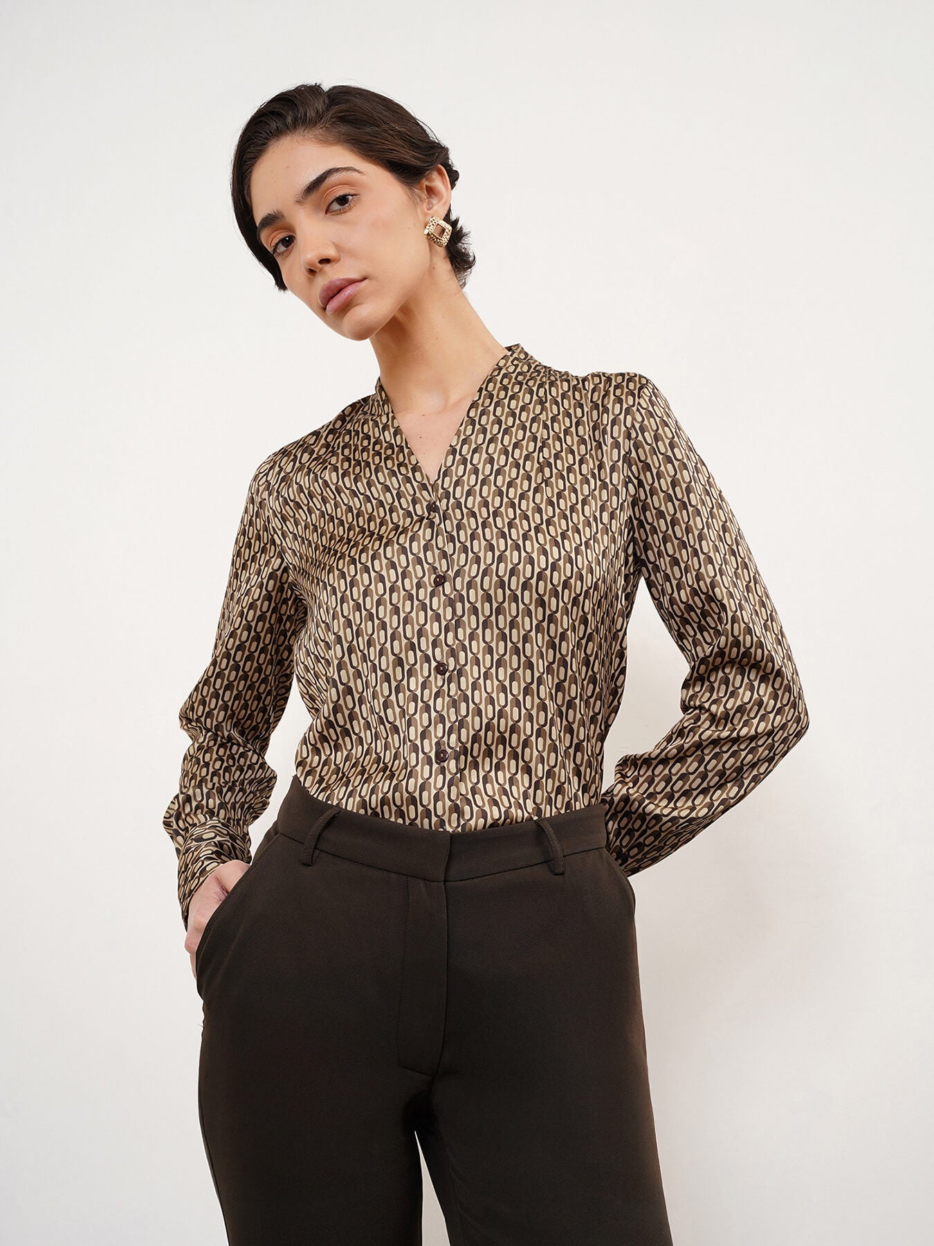 Satin Geometric Print Shirt - Olive