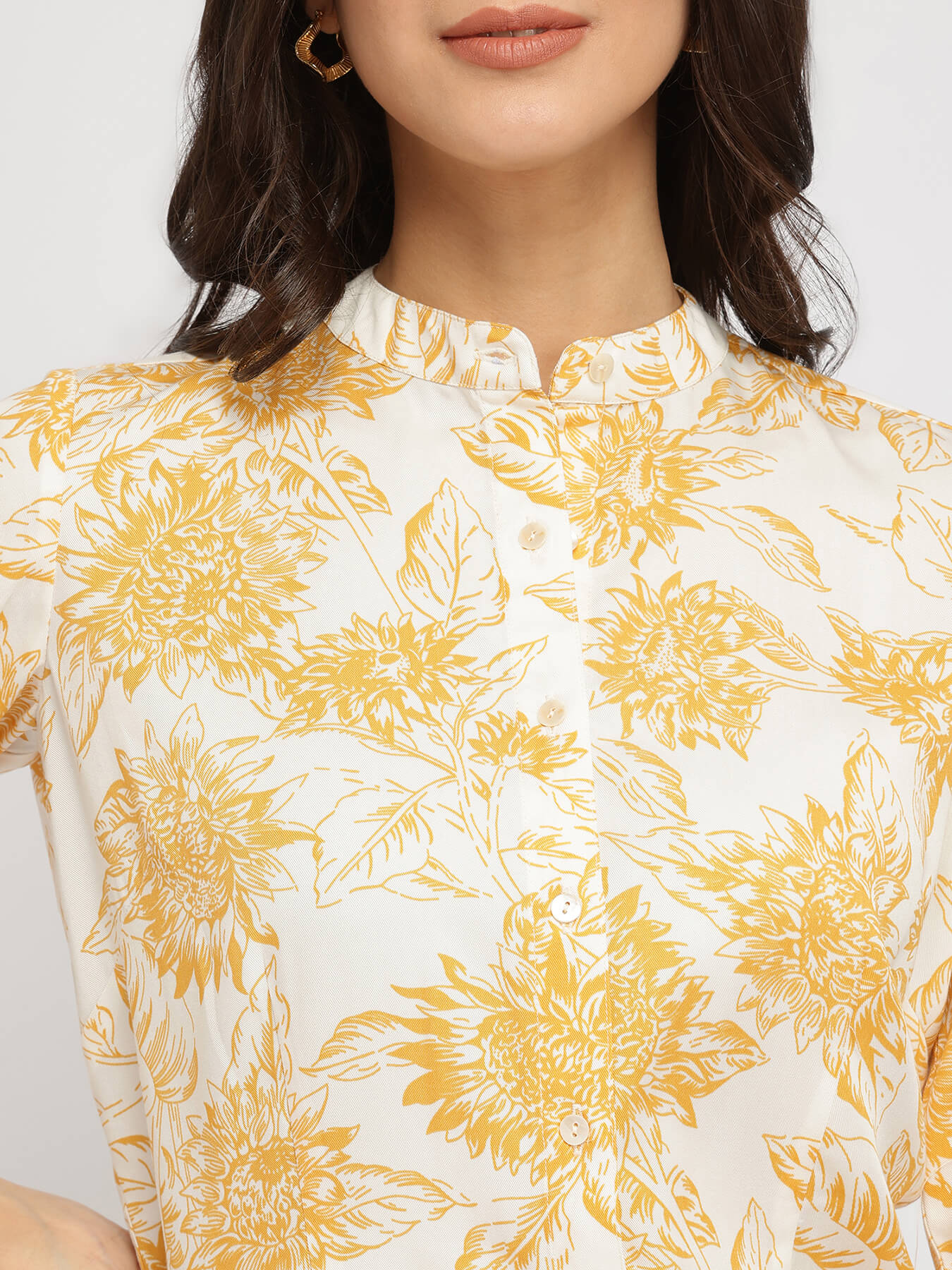 Mandarin Collar Floral Shirt - Yellow