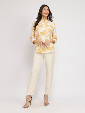 Mandarin Collar Floral Shirt - Yellow