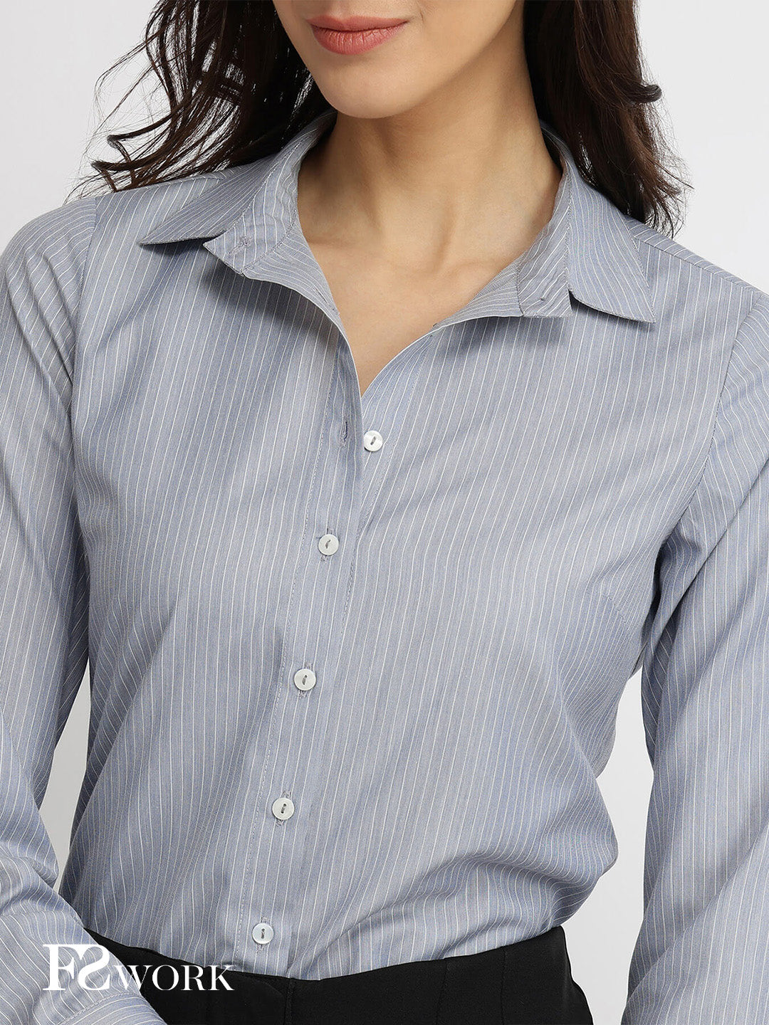 Cotton Blend Striped Shirt - Grey & White