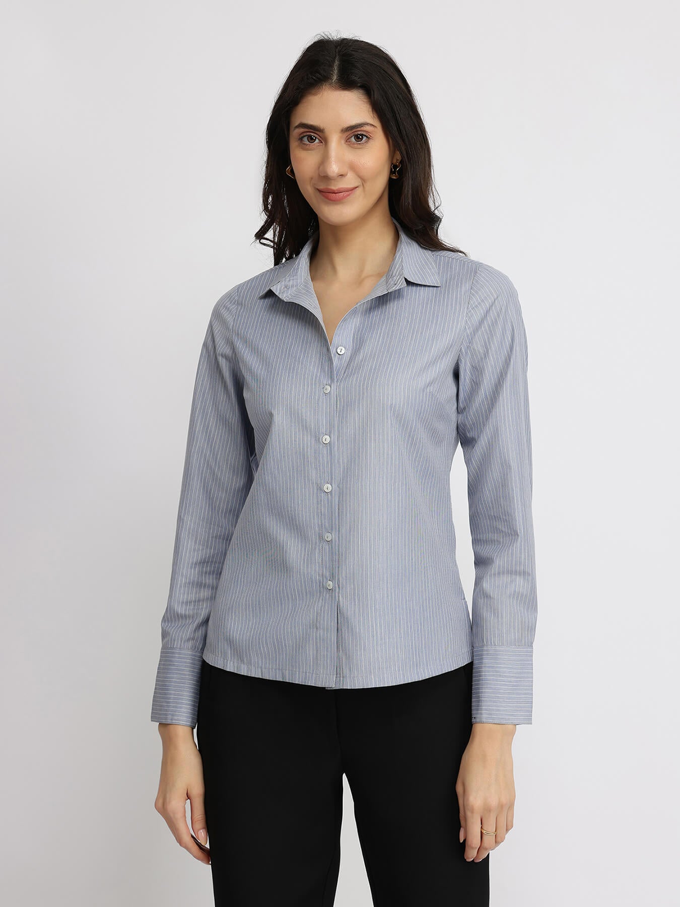 Cotton Blend Striped Shirt - Grey & White