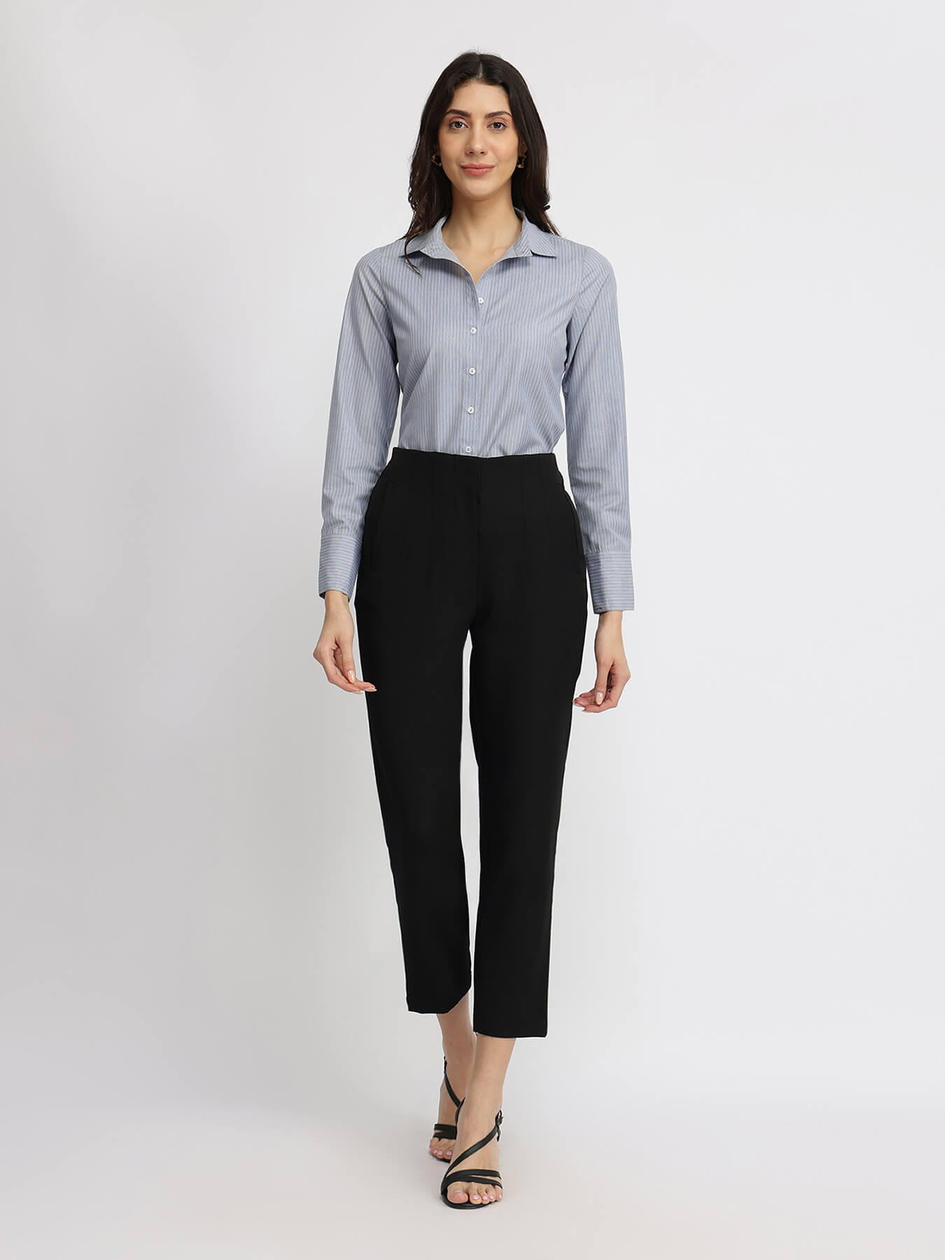 Cotton Blend Striped Shirt - Grey & White