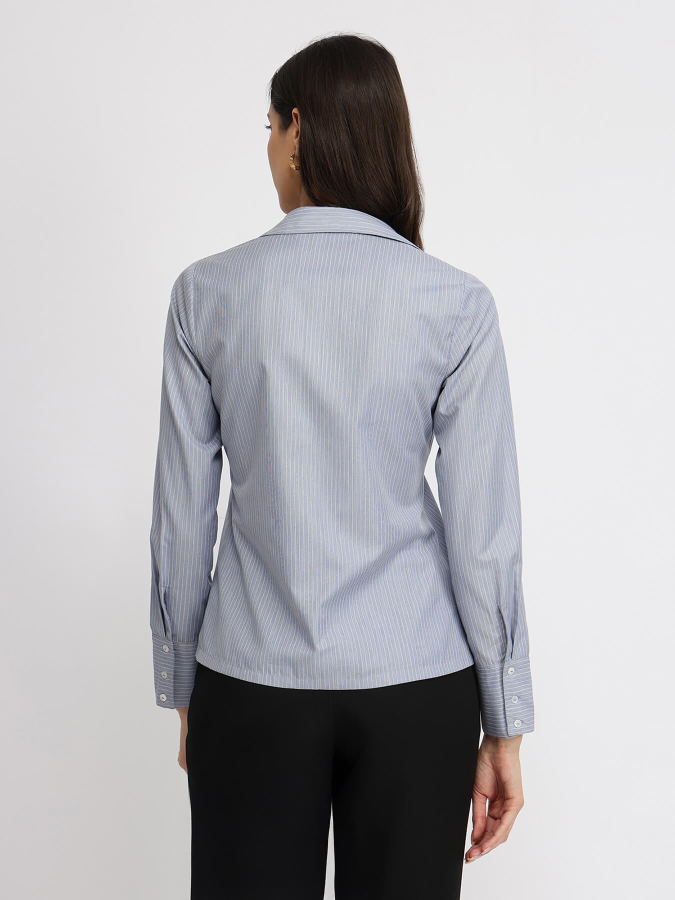 Cotton Blend Striped Shirt - Grey & White