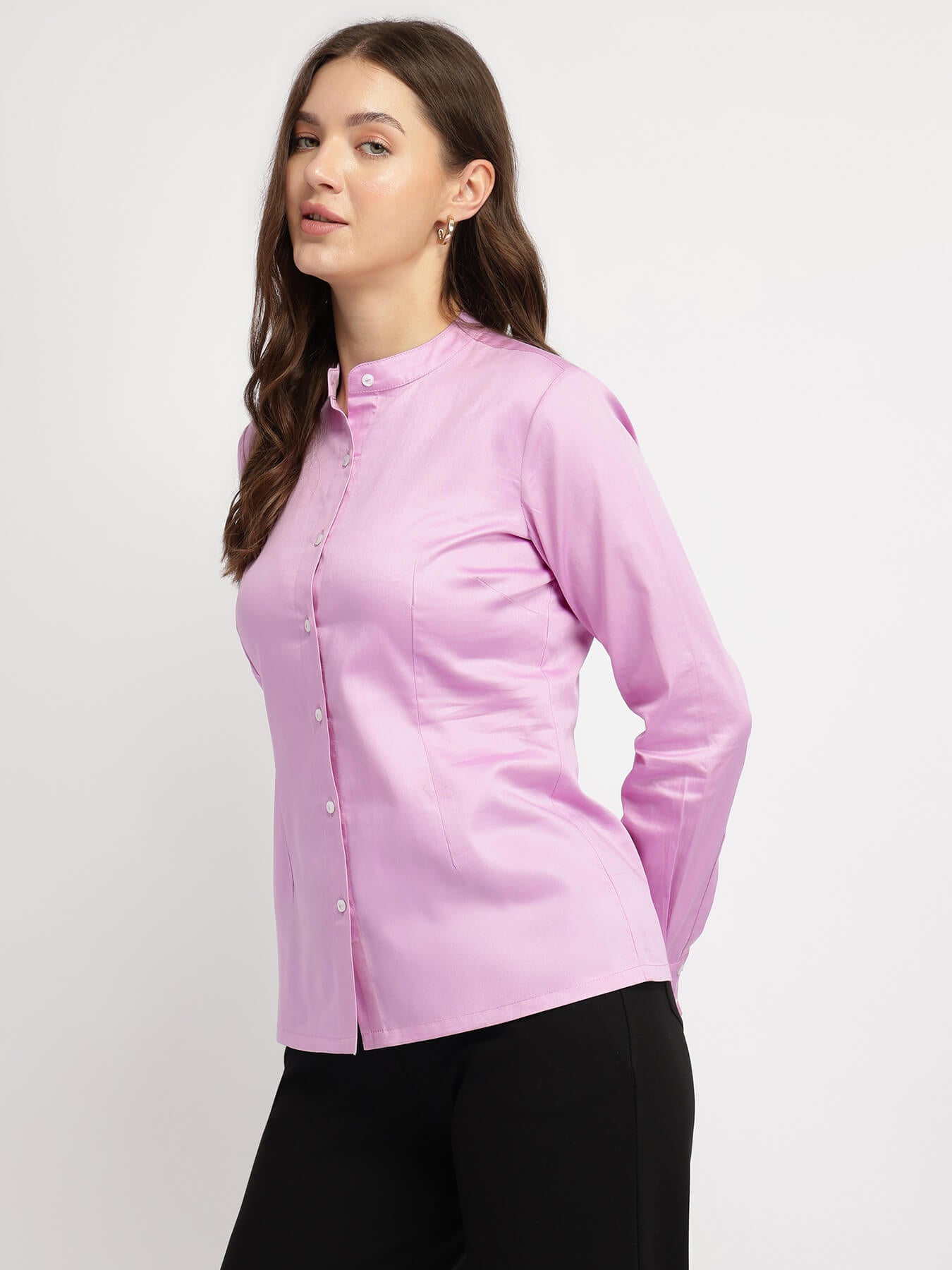 Cotton Mandarin Collar Shirt - Lilac