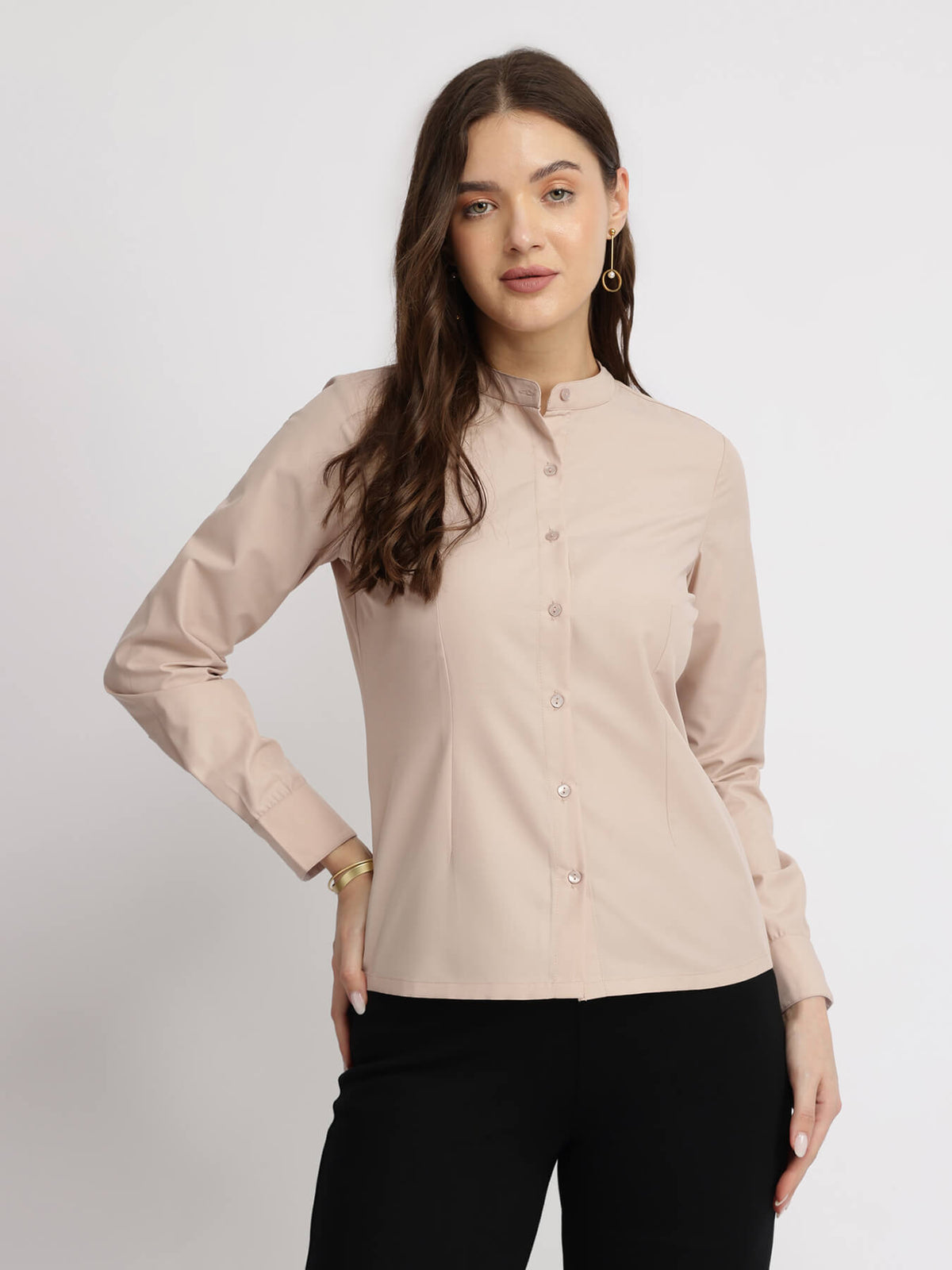 Cotton Blend Mandarin Collar Shirt - Rose Pink
