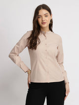 Cotton Blend Mandarin Collar Shirt - Rose Pink