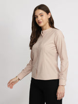Cotton Blend Mandarin Collar Shirt - Rose Pink