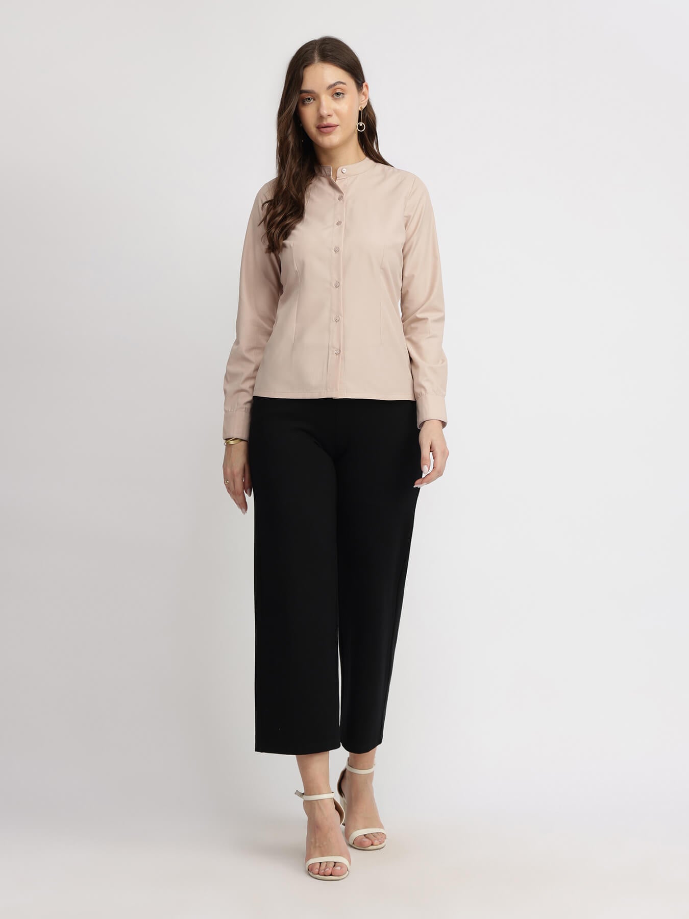 Cotton Blend Mandarin Collar Shirt - Rose Pink