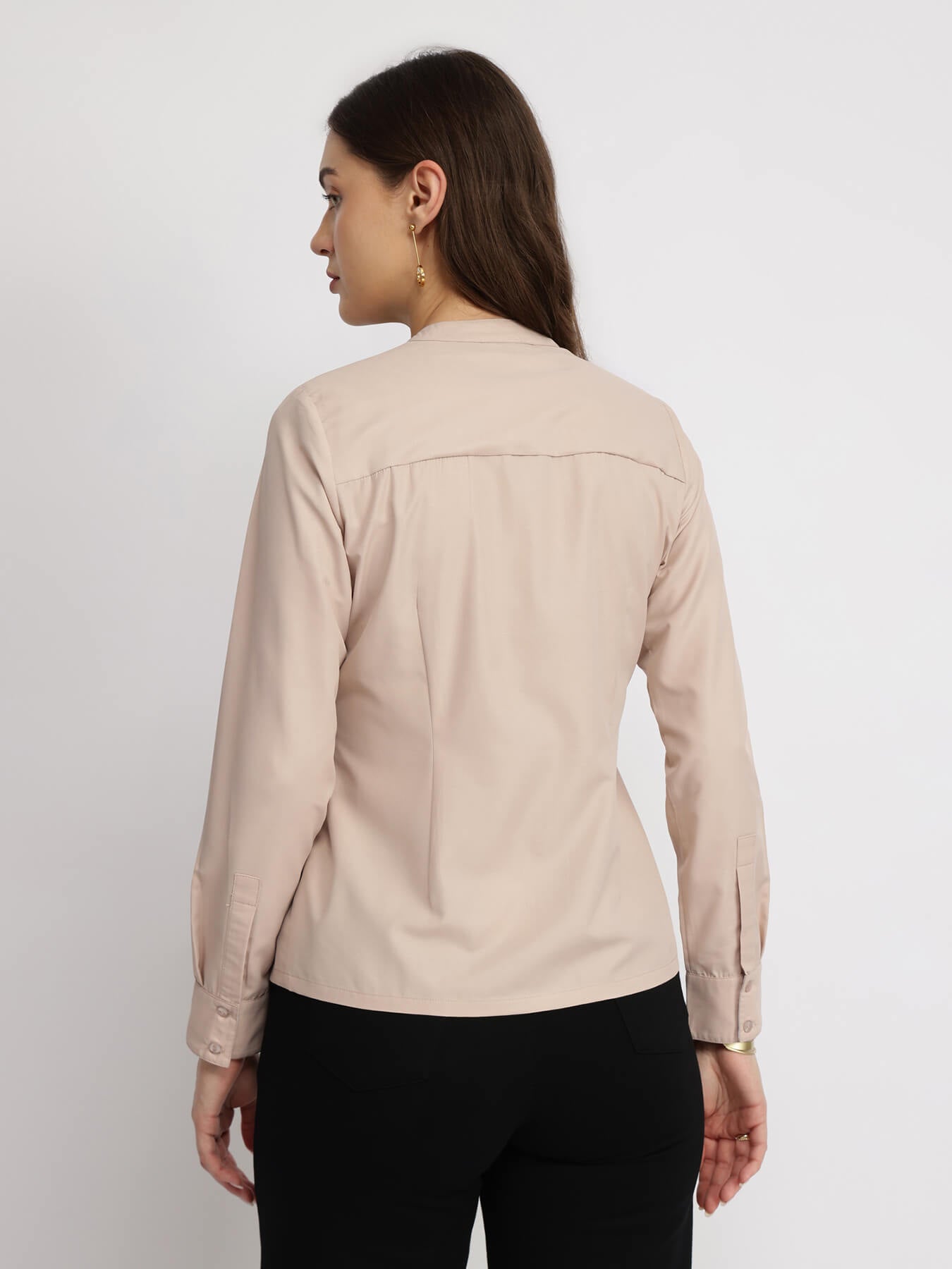 Cotton Blend Mandarin Collar Shirt - Rose Pink