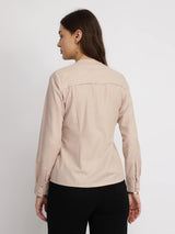 Cotton Blend Mandarin Collar Shirt - Rose Pink
