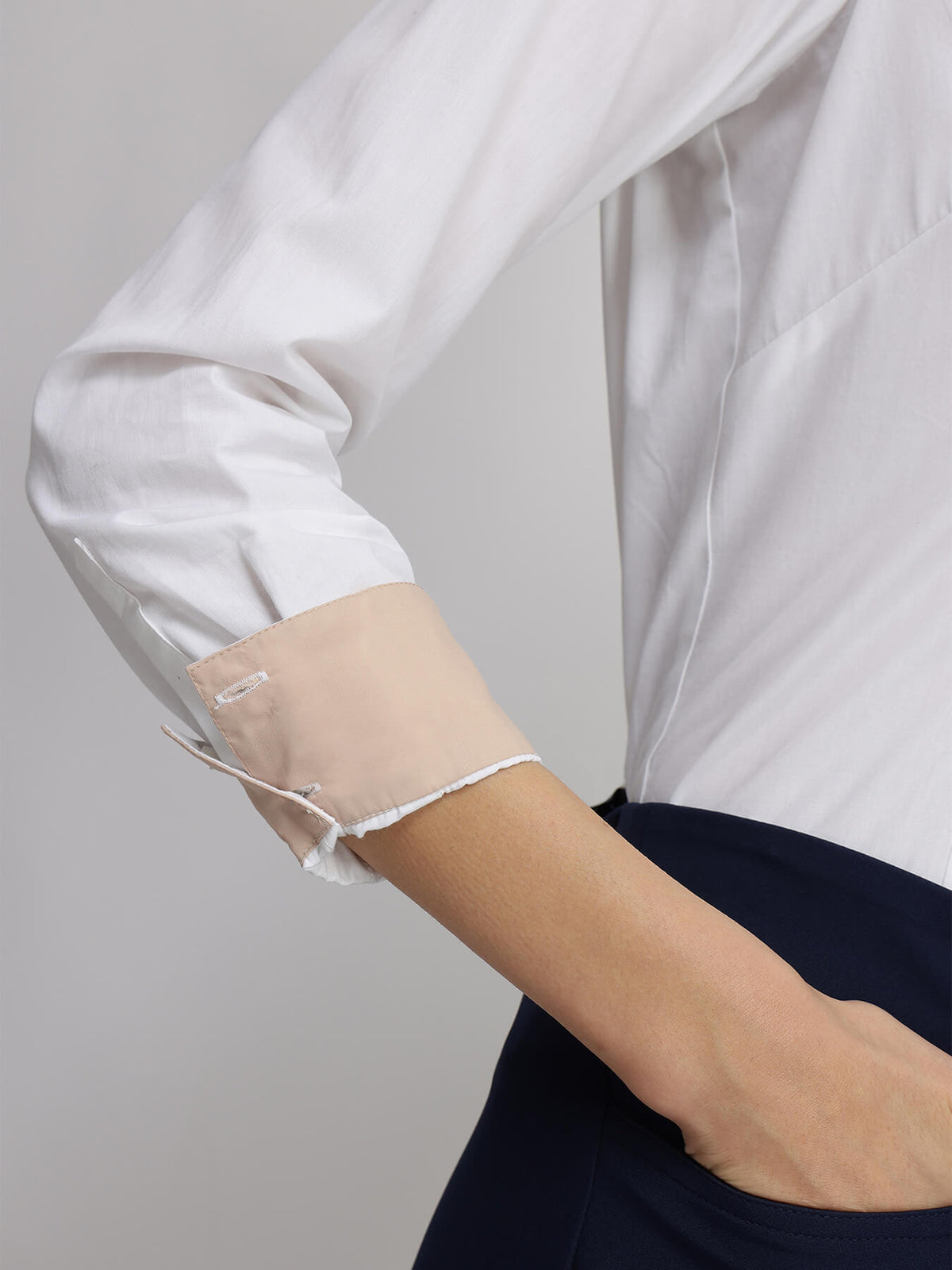 Cotton Blend Mandarin Collar Shirt - White