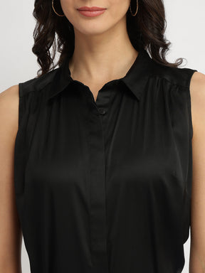 Satin Gather Detail Shirt - Black