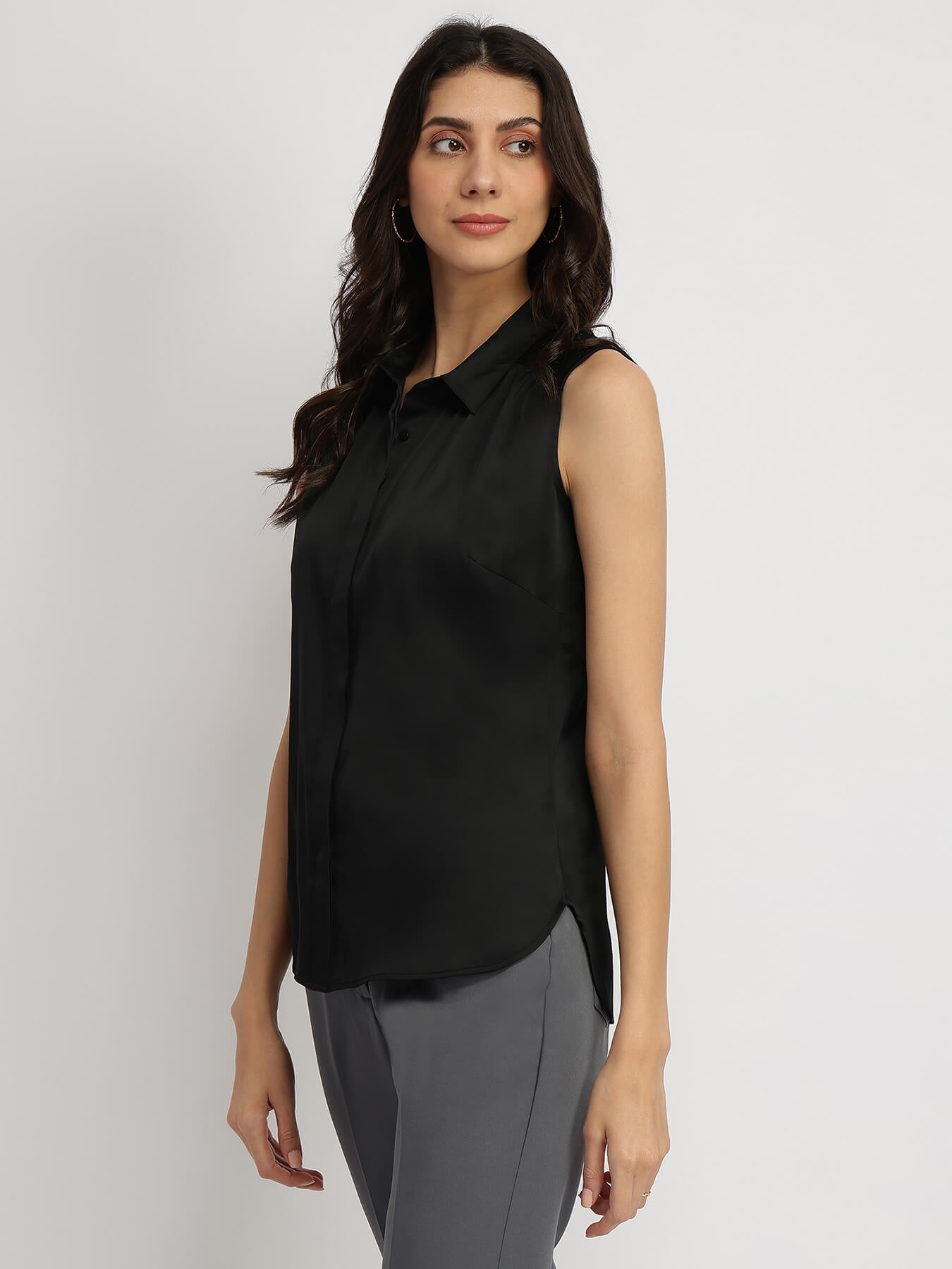 Satin Gather Detail Shirt - Black