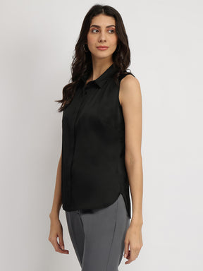 Satin Gather Detail Shirt - Black