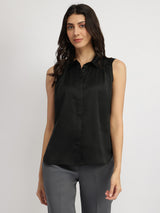 Satin Gather Detail Shirt - Black