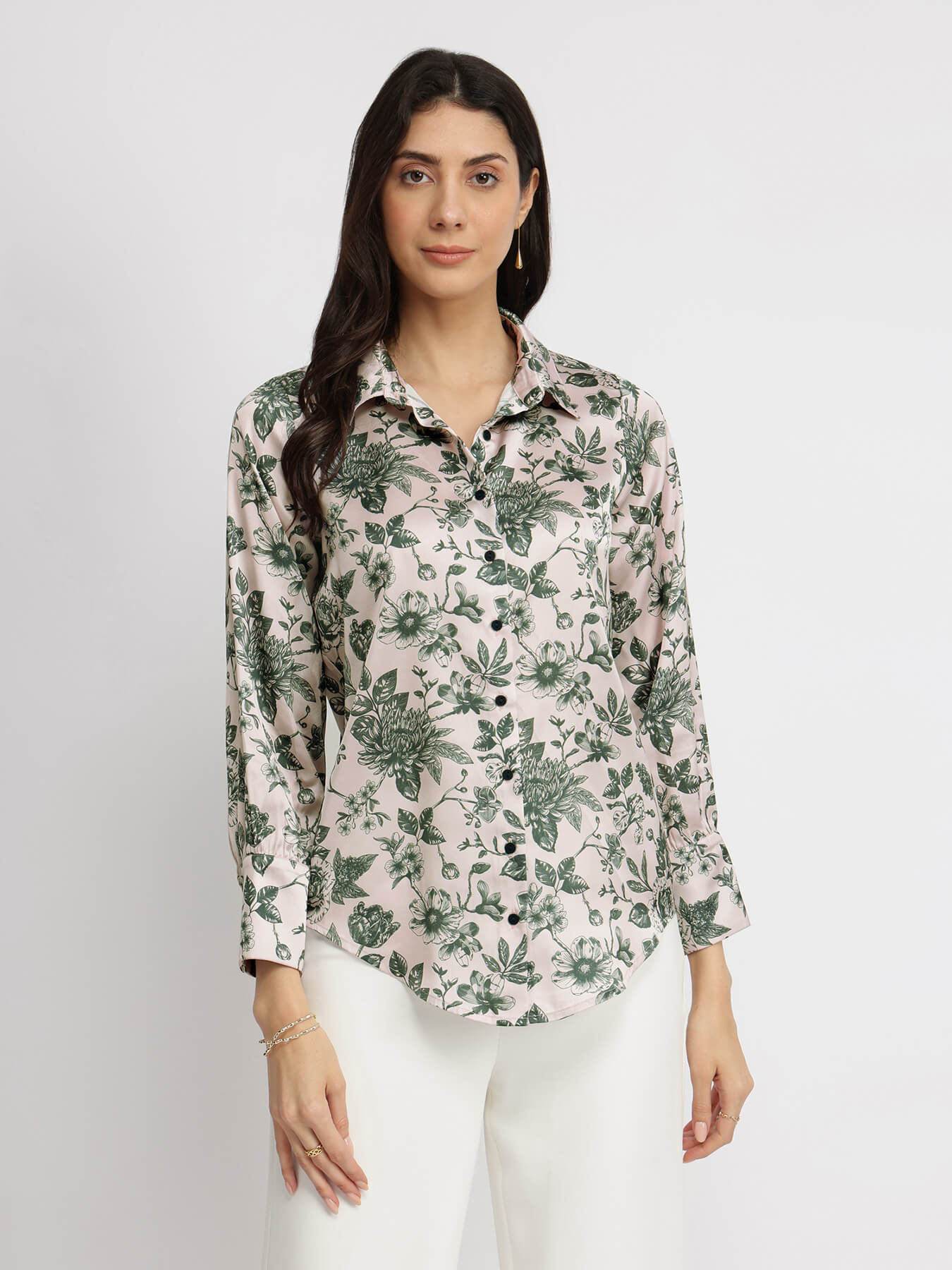 Satin Floral Shirt  - Green