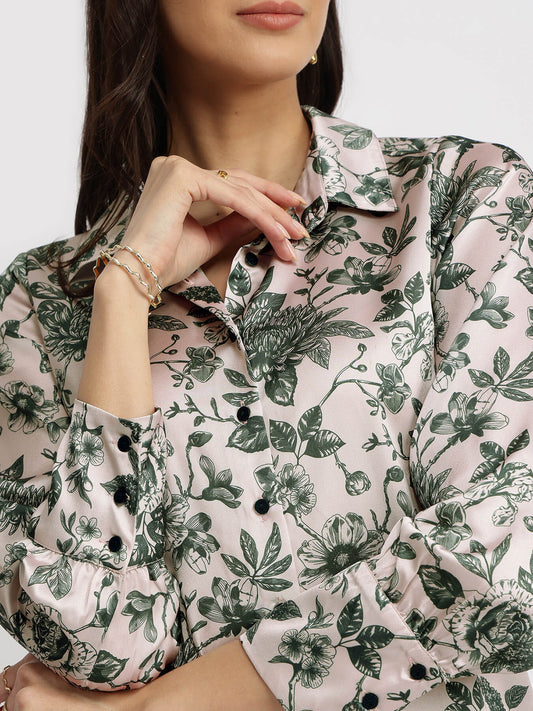 Satin Floral Shirt  - Green
