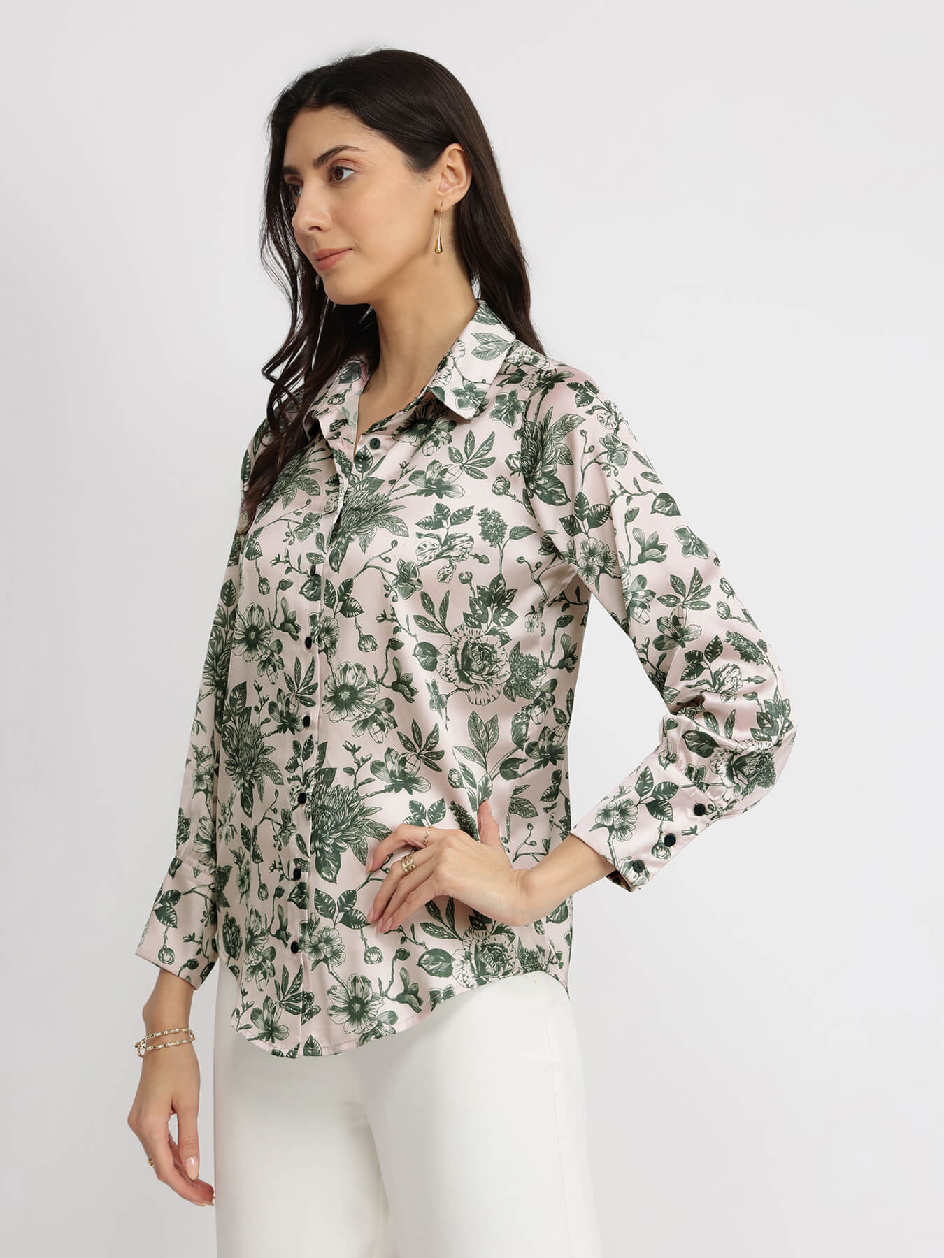 Satin Floral Shirt  - Green