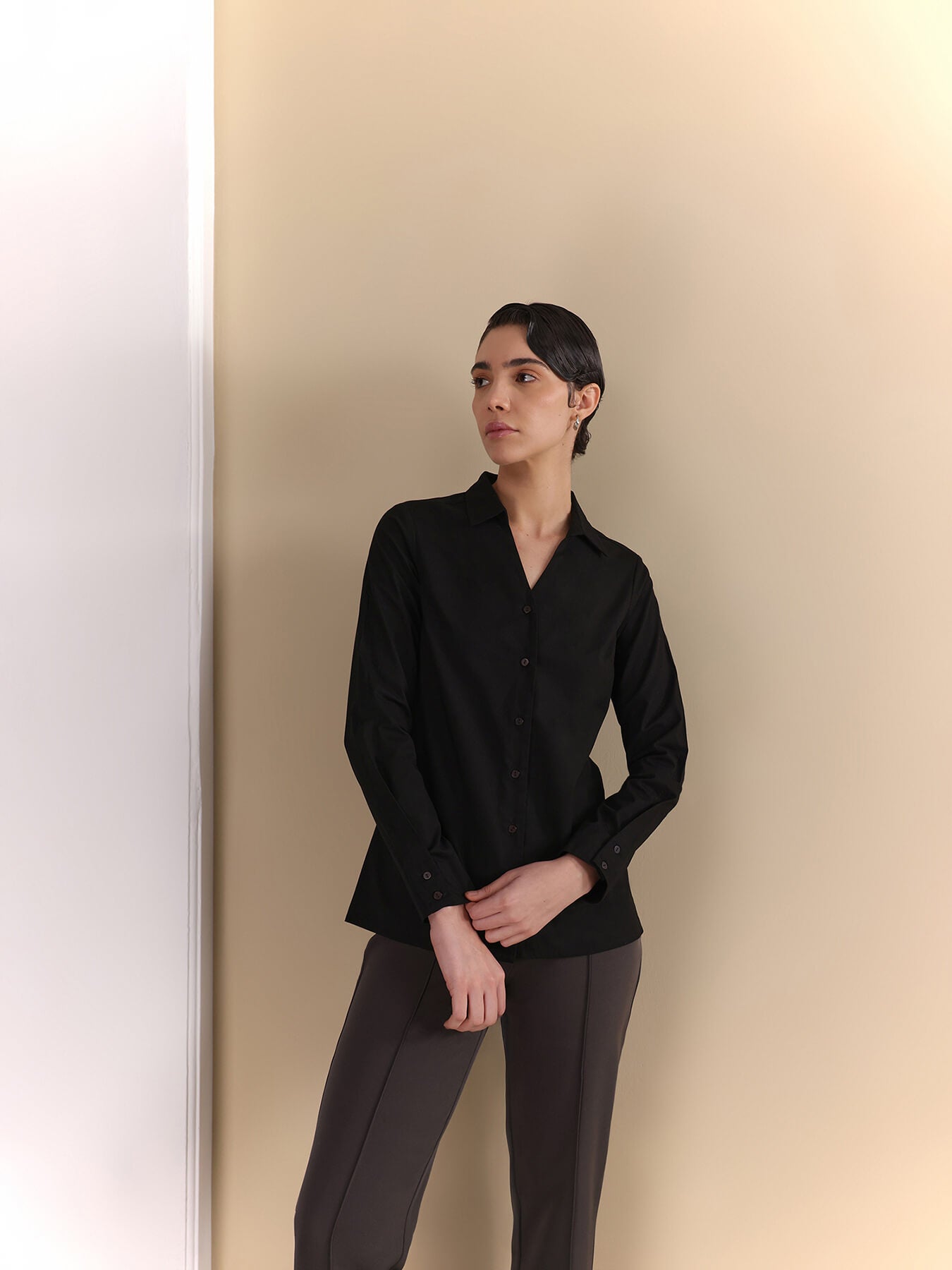 Cotton V-Neck Shirt - Black