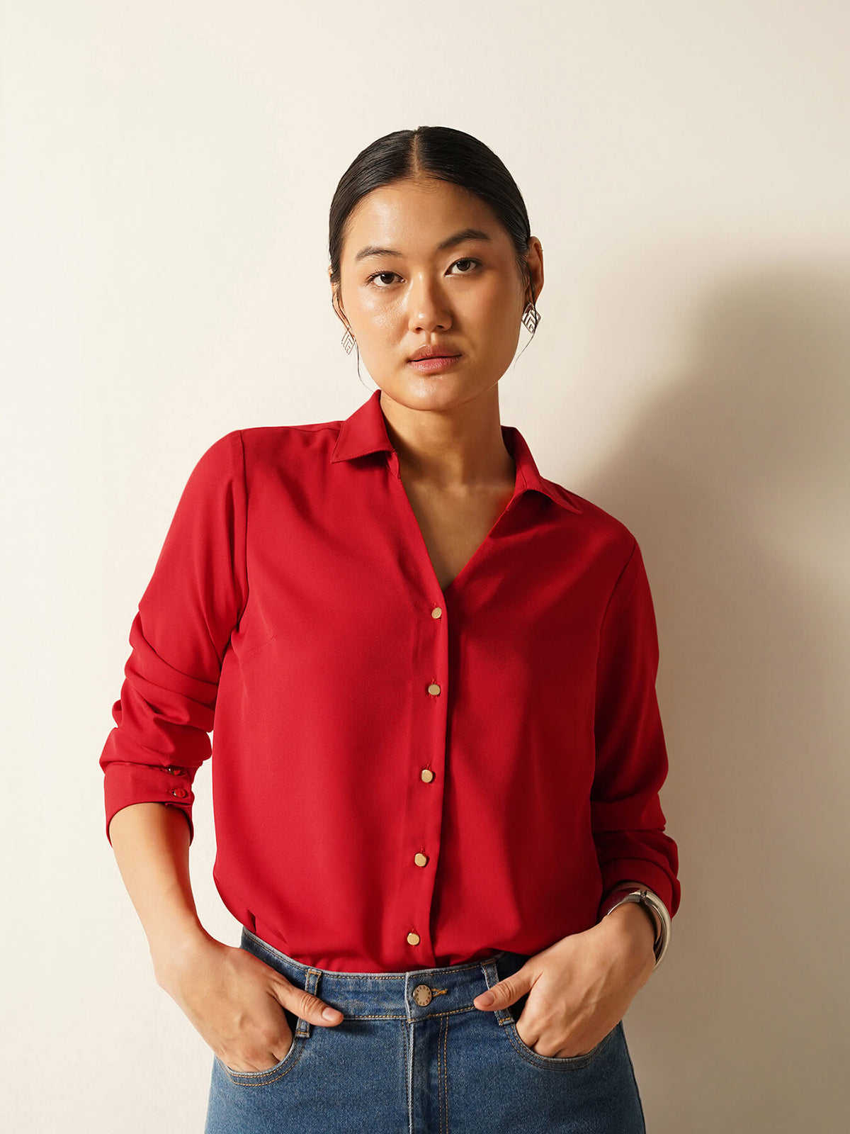 Collared V-Neck Shirt - Red