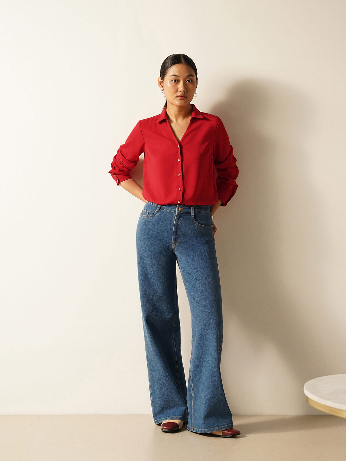 Collared V-Neck Shirt - Red