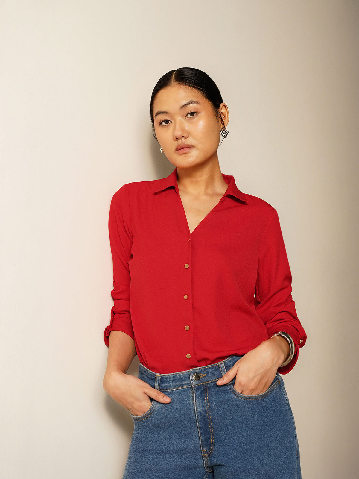 Collared V-Neck Shirt - Red