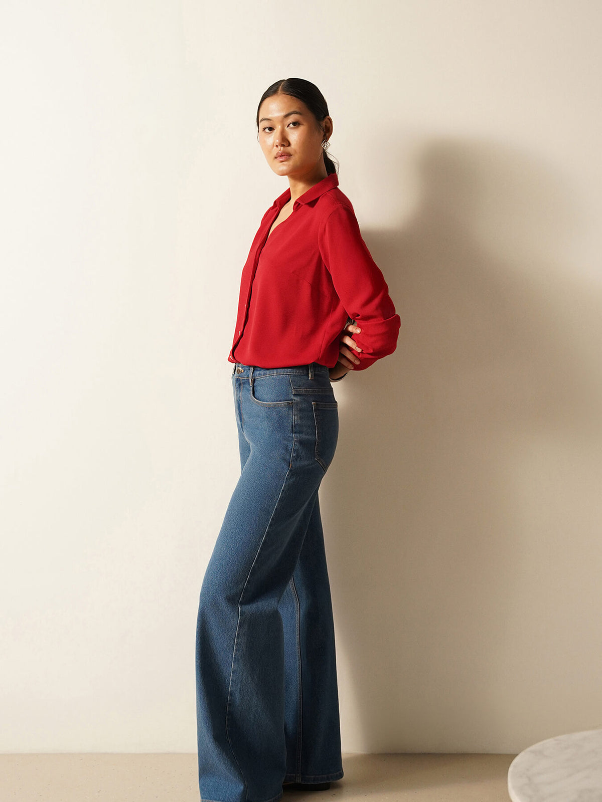 Collared V-Neck Shirt - Red