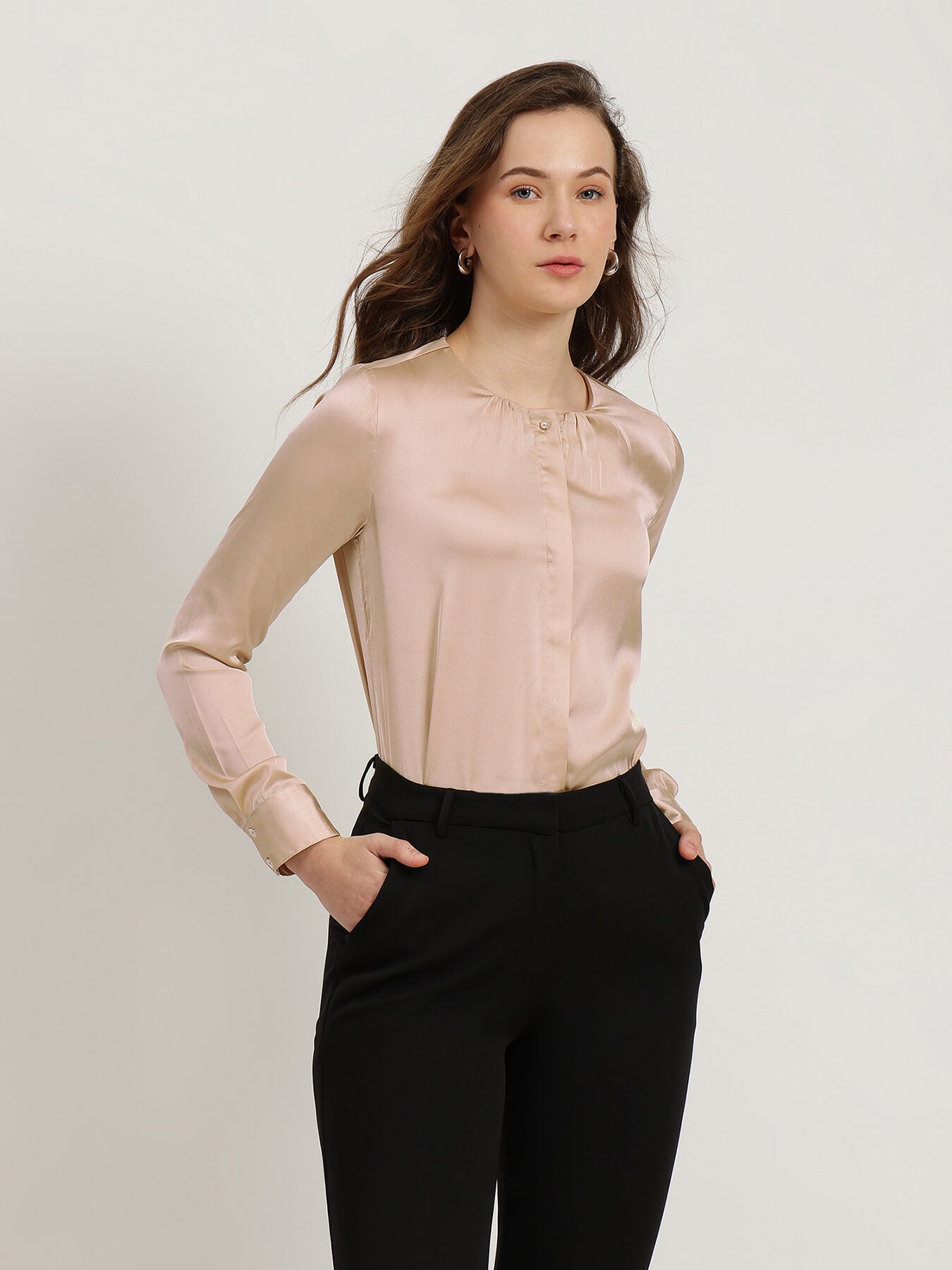 Satin Gathered Neck Shirt - Beige
