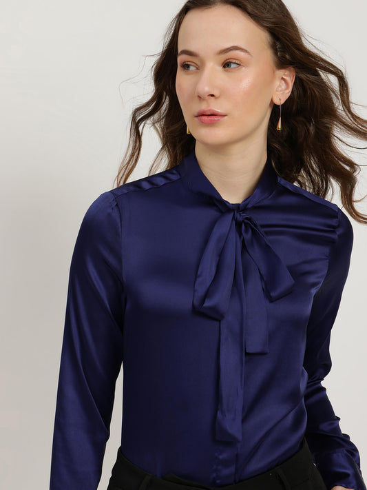 Satin Bow-Tie Shirt - Navy Blue