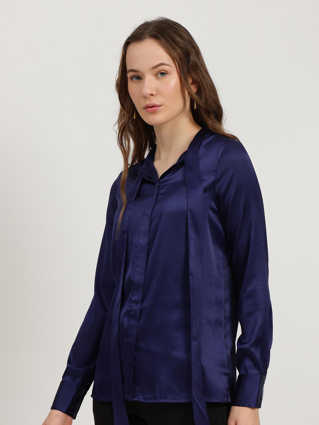 Satin Bow-Tie Shirt - Navy Blue