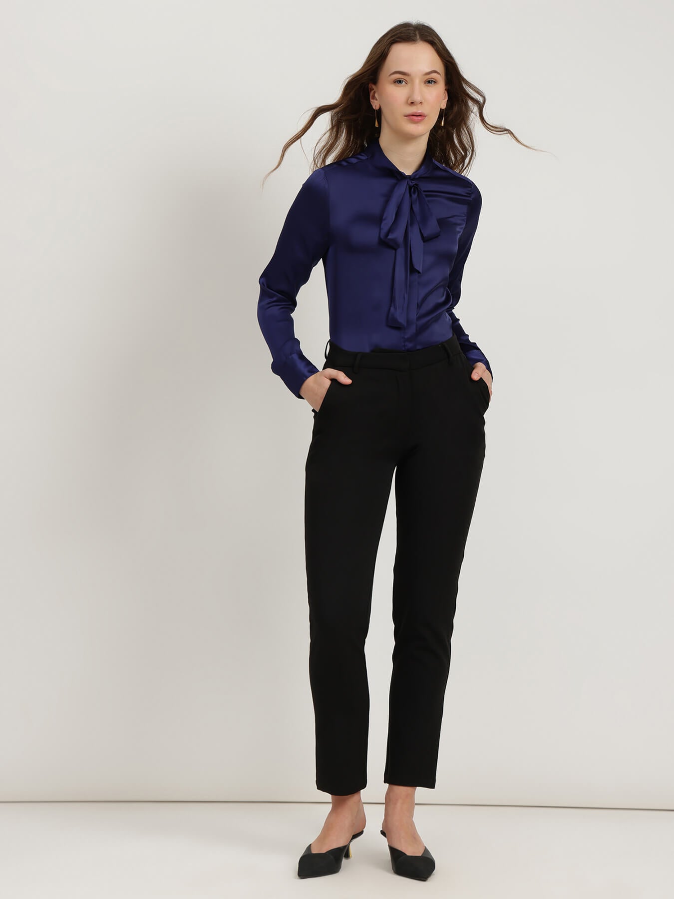Satin Bow-Tie Shirt - Navy Blue