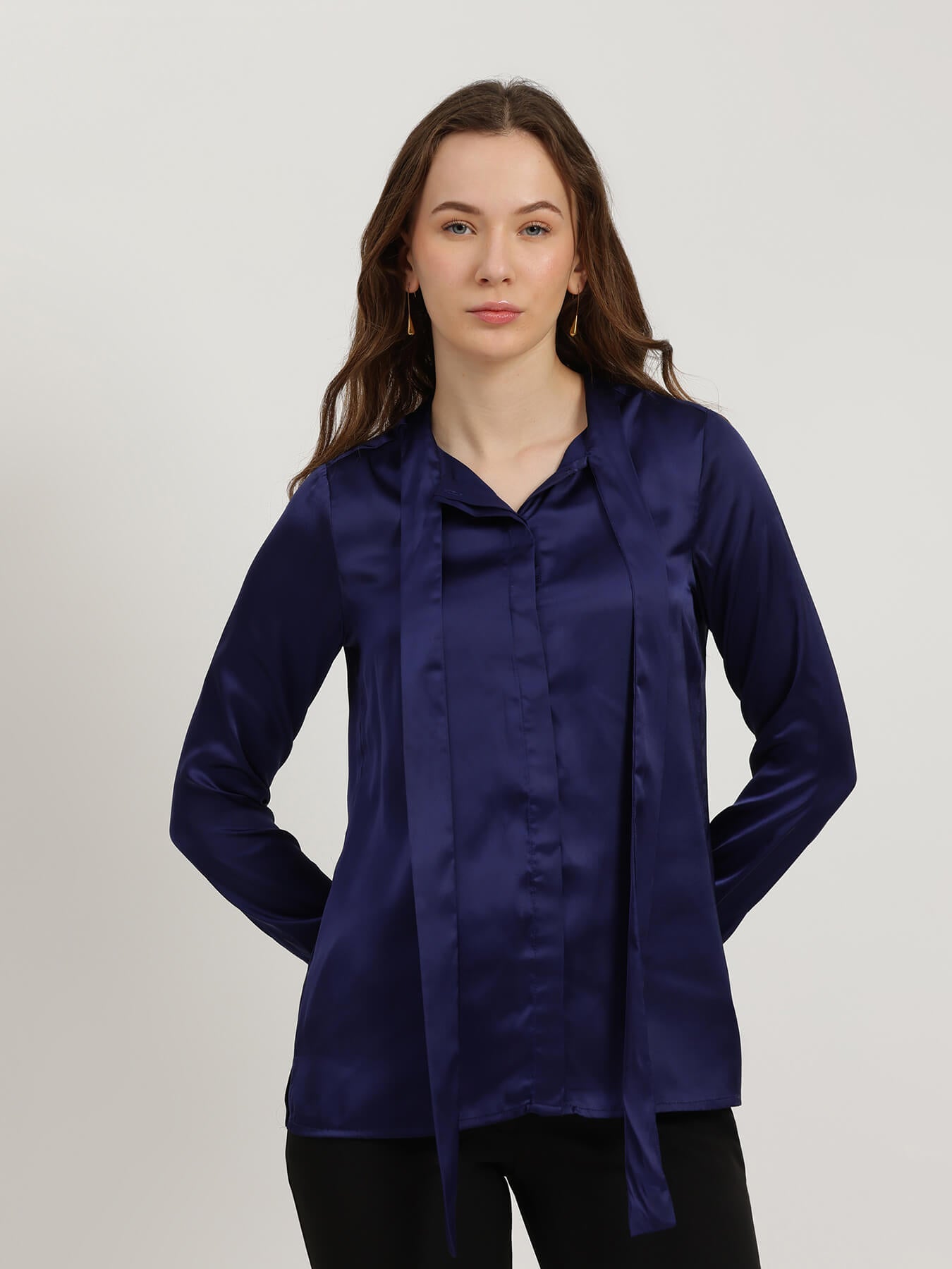 Satin Bow-Tie Shirt - Navy Blue